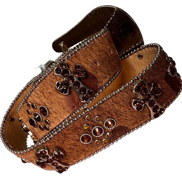 NWT Leather and Natural Hide Western Show Belt with Cross and Amber Rhinestones - Picture 3 of 7